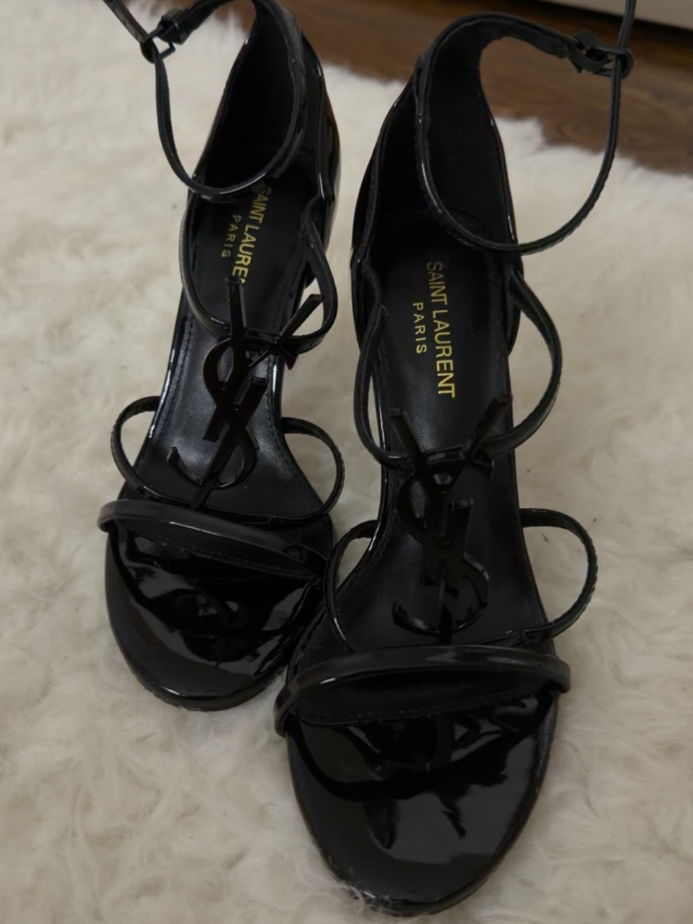 Saint Laurent Patent Black Strappy YSL Logo Heels